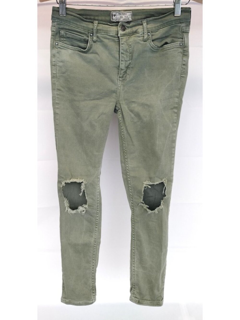 Free People Sage Green Skinny Jeans Distressed 28 Waist